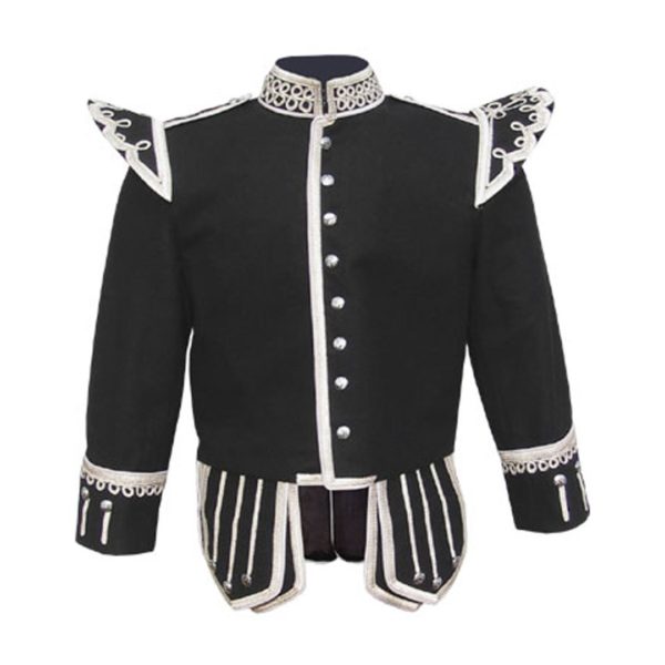 Black Pipe Band Doublet With Silver Buttons And Scrolling Silver Braid