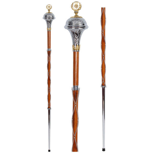 Drum Major Mace Stave Chrome Embossed Head With Gold Thistle Flower Top