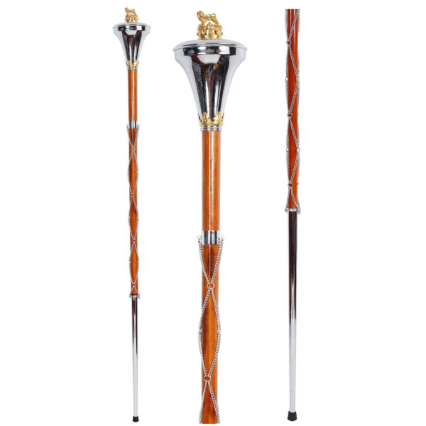 Drum Major Mace Stave Chrome Flat Head With Gold Lion And Crown Top