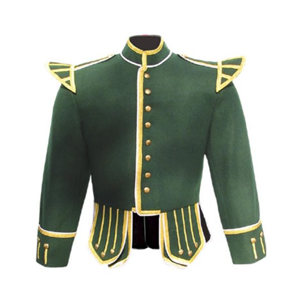 Green Pipe Band Doublet White Piping Gold Braid