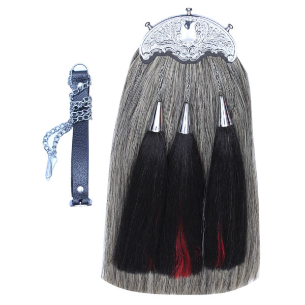 Grey Horse Hair Sporran Two Black & Red Tassels