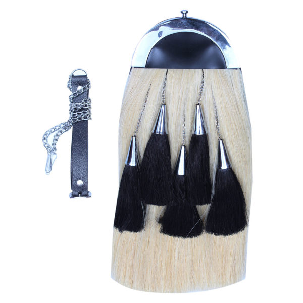 Original Long Horse Hair Sporran White Body with 5 Black Tassels