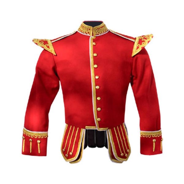 Red Pipe Band Doublet With Scrolling Gold Braid