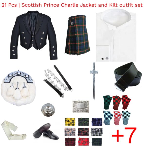 21 PCS - Scottish Prince Charlie Jacket, Vest & Kilt outfit set