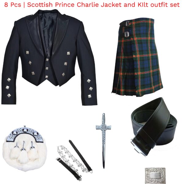 8 PCS - Scottish Prince Charlie Jacket, Vest & Kilt outfit set